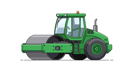 Green single drum vibratory roller machine illustration suitable for construction equipment brochures, websites, and educational materials on building infrastructure projects.