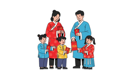 Reveals a family in chinese attire exchanging red envelopes, ideal for chinese new year designs and celebrations. Perfect for cultural event promotions, family celebrations, and holiday graphics.
