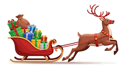 Santas reindeer pulling sleigh loaded with gifts, perfect for holiday greeting cards, festive websites, and christmas promotions. Festive and seasonal.