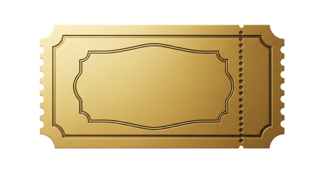 Ornate Golden Ticket with Decorative Border and Perforated Edge isolated on a transparent background - Powered by Adobe
