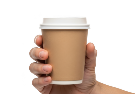 Hand holding paper coffee cup disposable takeaway drink hot beverage cafe latte espresso isolated on transparent background - Powered by Adobe