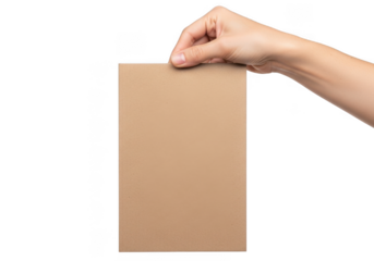 Hand holding blank brown cardboard paper sheet mockup template presentation isolated on transparent background