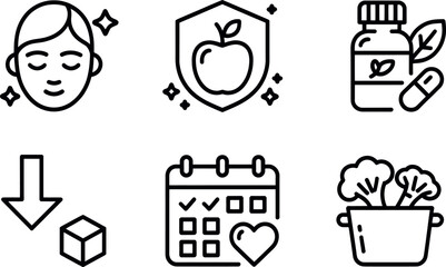 Set of six black and white line art icons representing health wellness nutrition and fitness concepts vector