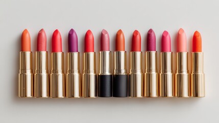 Obraz premium Vibrant Collection of Lipsticks in Gold Tubes Displayed on Light Background for Beauty and Cosmetic Enthusiasts in Fashion Industry