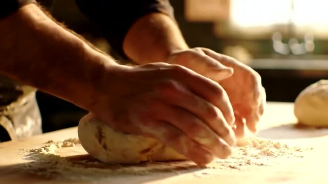Close-up shot of a baker's hands kneading dough on a wooden surface, preparing bread.