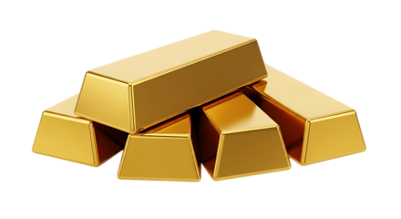 Stack of shiny golden bullion bars with reflective surfaces isolated on a transparent background ingot