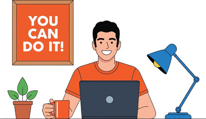 Man working from home on laptop with motivational poster and coffee mug