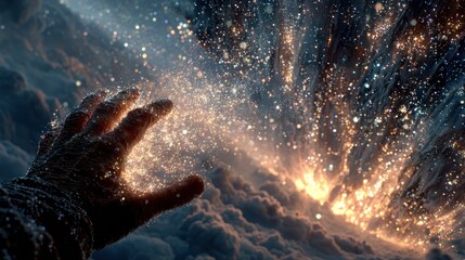Hand reaching into ethereal sky filled with sparkling light, clouds