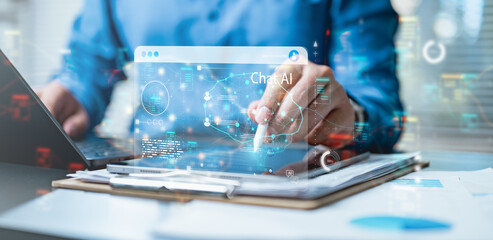 ai, automation, artificial intelligence, A professional using a digital tablet with AI interface, symbolizing artificial intelligence, data analytics, automation, and innovative technology solutions.