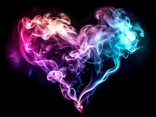 Vibrant heart shaped smoke cloud with neon colors on black background