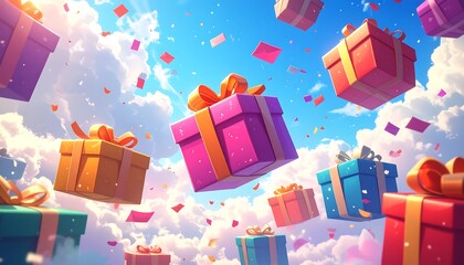 Colorful gifts floating in a vibrant, confetti-filled, sunny sky