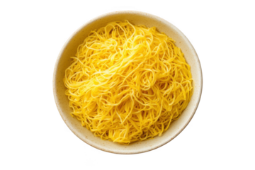 Top view of delicious egg noodles in a white bowl, perfect for asian cuisine recipes and culinary projects, isolated on transparent background