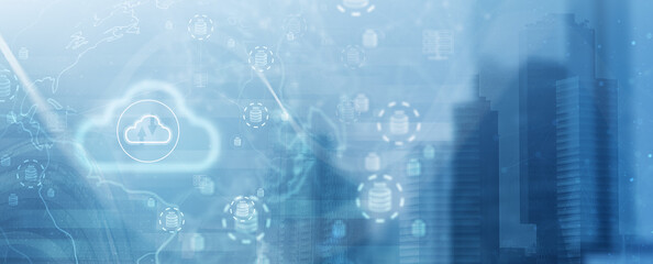 technology, data, analytics, Abstract blue background with cloud data icons and digital network, representing technology analytics, cloud computing, and big data visualization in modern business.