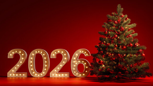 Elegant Christmas Tree with Glowing 2026 Numbers on Red Festive Background