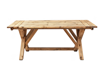 Rustic wooden table furniture design, farmhouse style dining table, picnic table, outdoor table, wood grain texture, isolated on transparent background