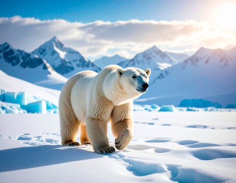 Oso polar caminando entre los glaciares monta&ntilde;osos y la nieve.
