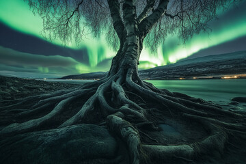 The twisted roots of an ancient tree glowing under the mystic shimmer of the Northern Lights