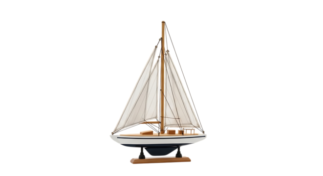 Detailed wooden model sailboat with white sails and dark blue hull on a stand isolated on a transparent background