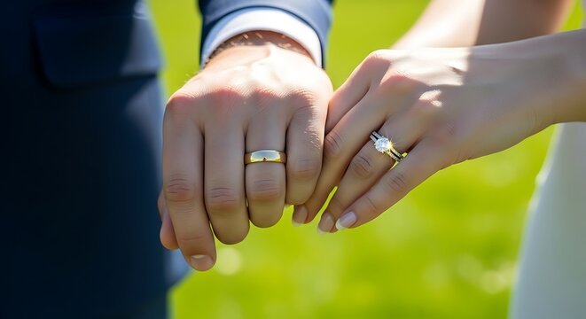 Close up marriage rings concept photo. Show wedding accessory. Side view photography with green meadow on background.