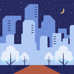 Winter night urban cityscape scenery with skyline landscape and snowy park background. Minimalist flat design style
