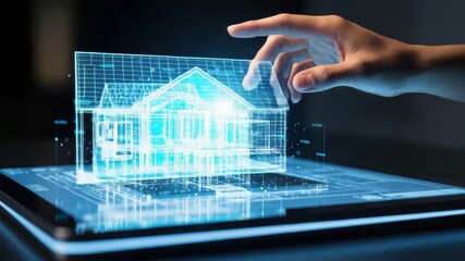 Architectural design concept with a wireframe house on a digital tablet - Powered by Adobe