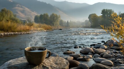 Steaming coffee cup placed on natural stone near flowing river, mountain backdrop covered in soft morning haze
