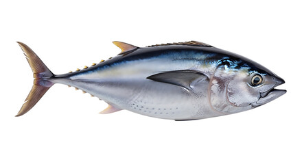 Fototapeta premium Whole Tuna Fish with Blue and Silver Scales and Yellow Finlets isolated on a transparent background seafood
