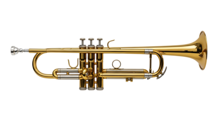 Shiny brass trumpet with silver accents and three valves isolated on a transparent background musical instrument