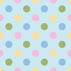 A seamless pattern featuring perfectly aligned polka dots in a soft, multi-colored pastel palette on a light blue background. This minimalist design is for a background, digital paper or textile print