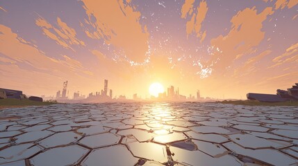Pixelated Cityscape Sunset Over Cracked Earth