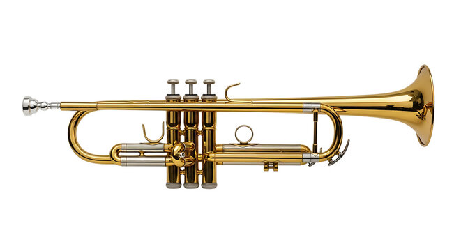 Shiny brass trumpet with silver accents and three valves isolated on a transparent background musical instrument