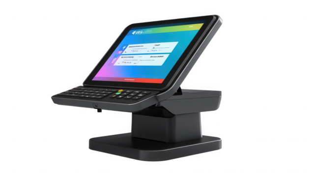 Modern point of sale system with touchscreen and keyboard on transparent background