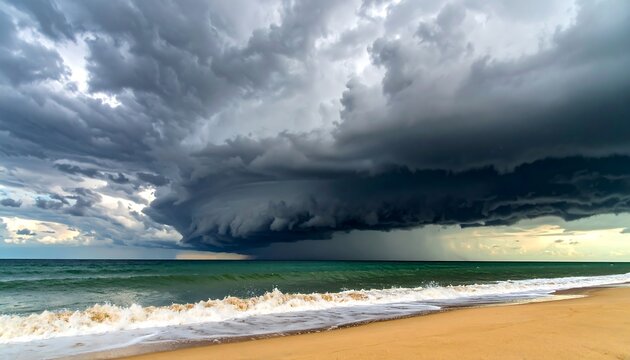 Dramatic storm clouds gathering over a sandy beach and ocean waves