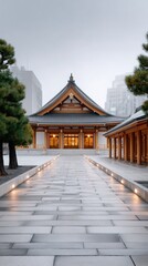 Fototapeta premium Classical Japanese Temple With Multi Tiered Roof Illuminated With Warm Light On A Snowy Day With Stone Pathway Lined With Lights And Green Trees