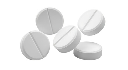 Five white round pills with a dividing line scattered in a dynamic arrangement isolated on a transparent background