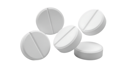 Five white round pills with a dividing line scattered in a dynamic arrangement isolated on a transparent background