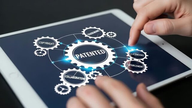 Fingers pointing to patented trademark copyright collaboration enforcement licensing