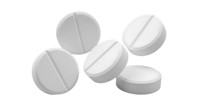 Five white round pills with a dividing line scattered in a dynamic arrangement isolated on a transparent background