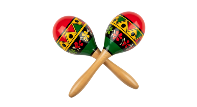 Two brightly painted wooden maracas crossed with colorful geometric and floral patterns isolated on a transparent background