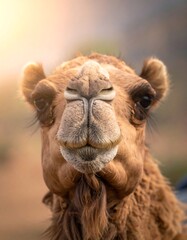 Frontal, close-up of a camel's face, illuminated by warm sunlight