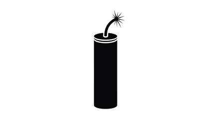 Simple black silhouette of a dynamite stick with a lit fuse ready to explode against a white background