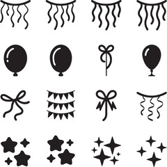 Party Decoration Silhouette Vector Bundle | Confetti Icons | Streamer, Balloon Vector