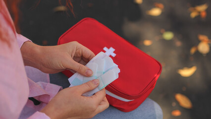 First aid kit. Medical plaster. High-quality photo.