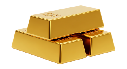 Stack of shiny gold bars with inscriptions indicating purity and weight isolated on a transparent background