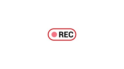 Animation of recording button, camera recording icon, red symbol, button of recording video animated on white background. 4k