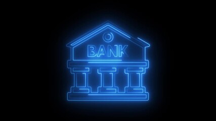 Glowing neon bank building icon animation. Futuristic neon blue bank building icon, financial growth isolated on black background. 4k