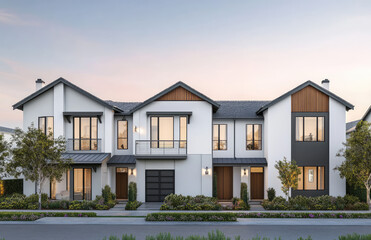 Front elevation of contemporary townhouses with sleek design, white facades, wooden elements, and warm lighting during evening sunset — created with AI.