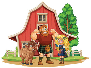 Scottish Family and Highland Cow in Front of Barn