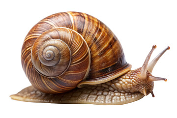 Garden snail crawling slowly isolated on transparent background, macro closeup view