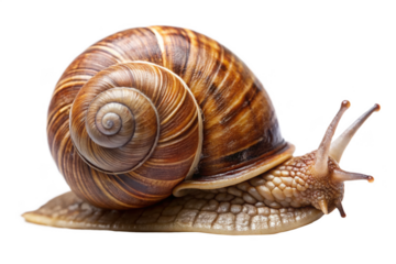 Garden snail crawling slowly isolated on transparent background, macro closeup view